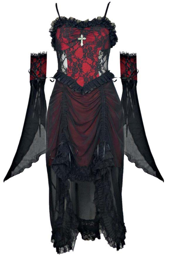 Gothic Drink Your Blood Vampire Princess Lolita Dress Victorian Style Black Red Floral Pattern Drawstring High-Low Vintage Cami Dress with Sleeves