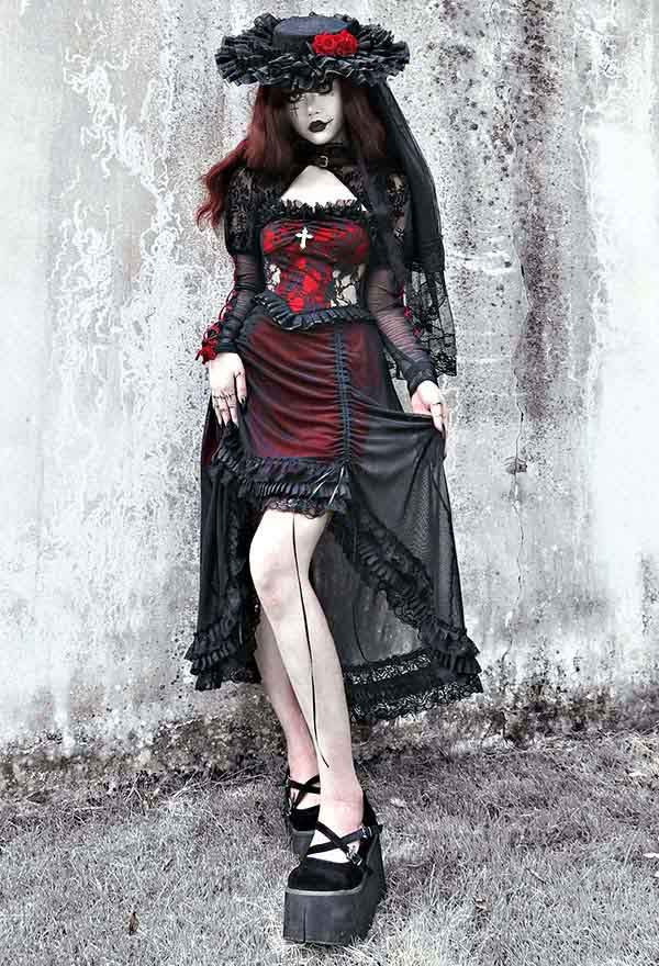 Gothic Drink Your Blood Vampire Princess Lolita Dress Victorian Style Black Red Floral Pattern Drawstring High-Low Vintage Cami Dress with Sleeves