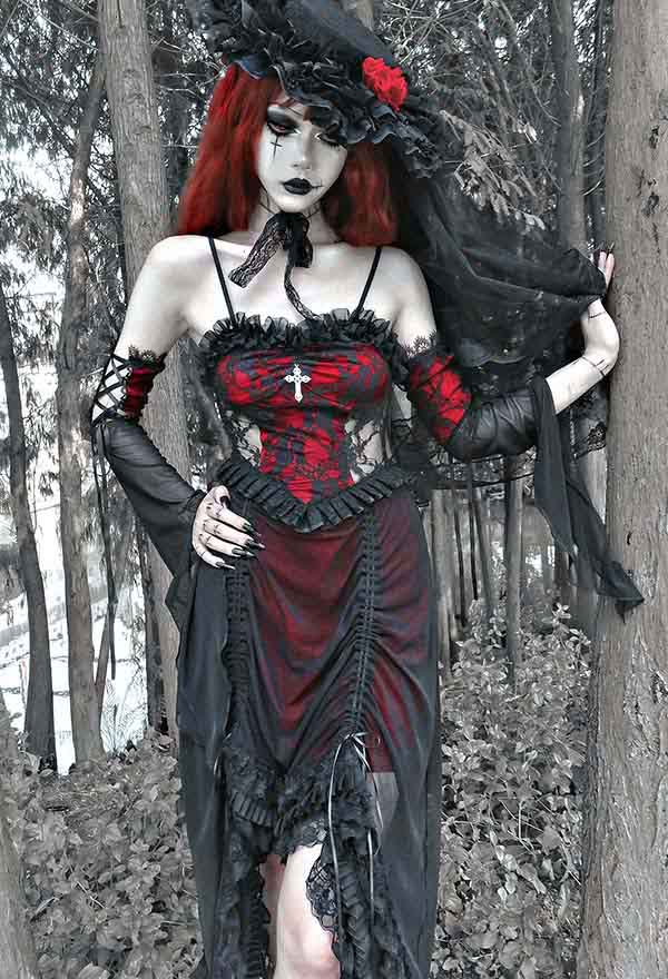 Gothic Drink Your Blood Vampire Princess Lolita Dress Victorian Style Black Red Floral Pattern Drawstring High-Low Vintage Cami Dress with Sleeves