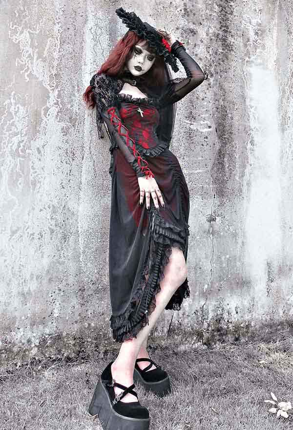 Gothic Drink Your Blood Vampire Princess Lolita Dress Victorian Style Black Red Floral Pattern Drawstring High-Low Vintage Cami Dress with Sleeves