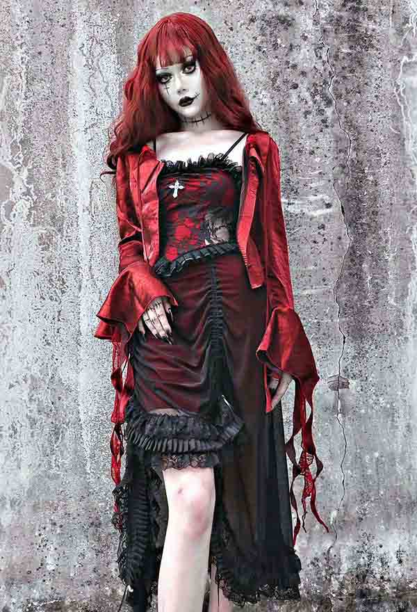 Gothic Drink Your Blood Vampire Princess Lolita Dress Victorian Style Black Red Floral Pattern Drawstring High-Low Vintage Cami Dress with Sleeves