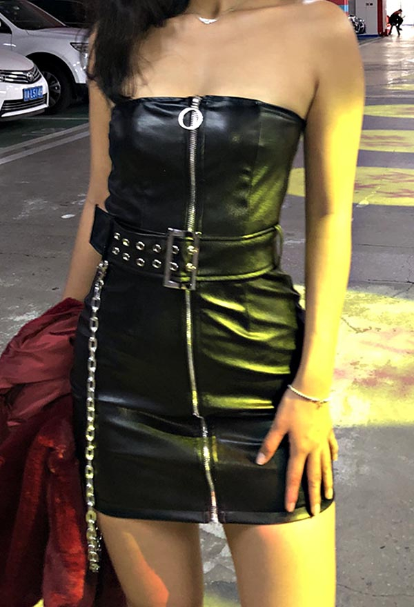 Gothic Punk Summer Party Clubwear Strapless Dress Black PU Leather Zip Wrap Chest Bodycon Dress With Belt and Chain Gothic Punk Summer Party Clubwear Strapless Dress Black PU Leather Zip Wrap Chest Bodycon Dress With Belt and Chain