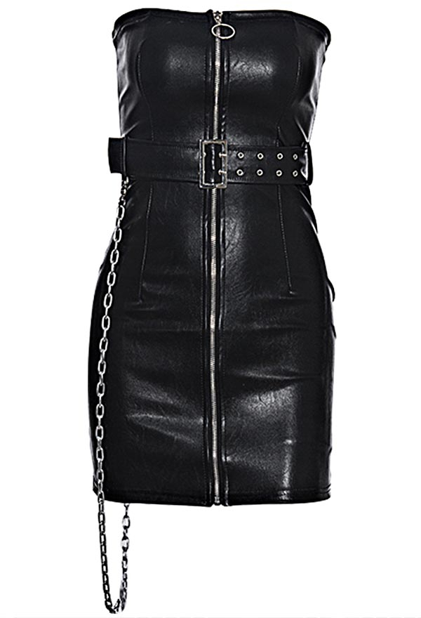 Gothic Punk Summer Party Clubwear Strapless Dress Black PU Leather Zip Wrap Chest Bodycon Dress With Belt and Chain Gothic Punk Summer Party Clubwear Strapless Dress Black PU Leather Zip Wrap Chest Bodycon Dress With Belt and Chain
