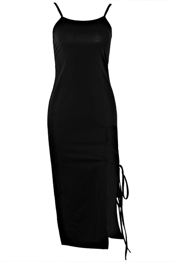 Gothic Elegant Long Prom Cami Dress Black Cotton High Split Cross Strap Slim Summer Dress Gothic Elegant Long Prom Cami Dress Black Cotton High Split Cross Strap Slim Summer Dress