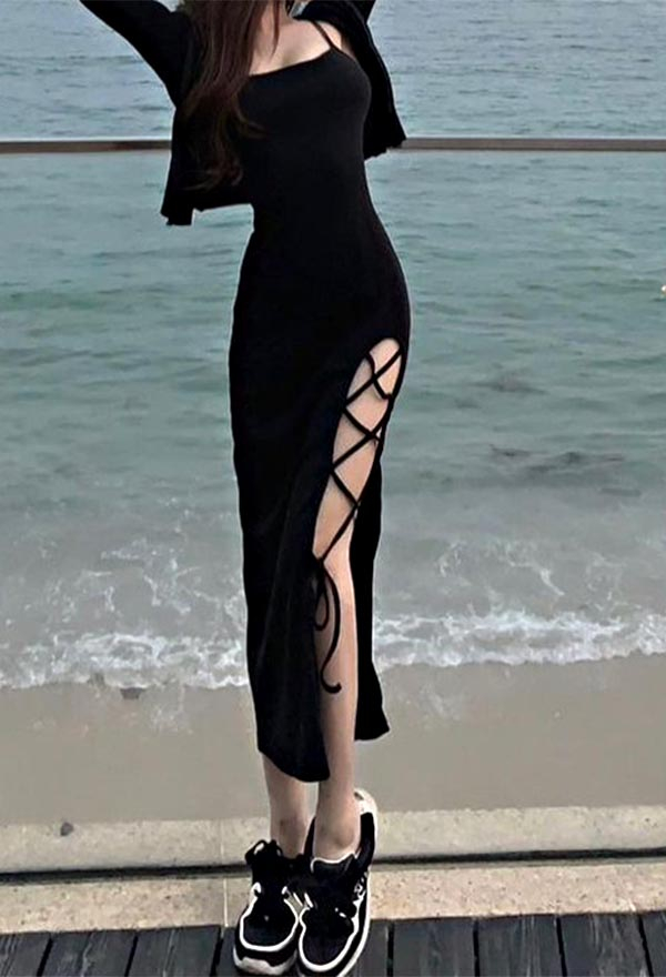 Gothic Elegant Long Prom Cami Dress Black Cotton High Split Cross Strap Slim Summer Dress Gothic Elegant Long Prom Cami Dress Black Cotton High Split Cross Strap Slim Summer Dress