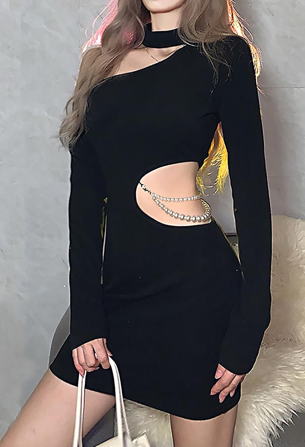 Women Gothic Grunge Nightclub Bodycon Dress Black Cutout High Waist Pearl Chain Decorated Slim Spring Dress Women Gothic Grunge Nightclub Bodycon Dress Black Cutout High Waist Pearl Chain Decorated Slim Spring Dress