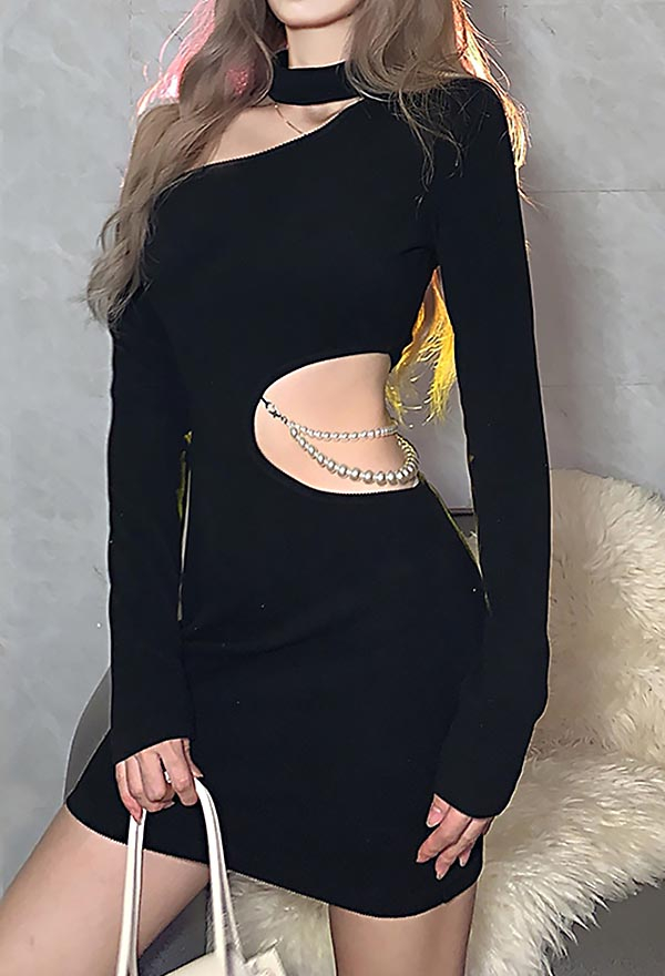 Women Gothic Grunge Nightclub Bodycon Dress Black Cutout High Waist Pearl Chain Decorated Slim Spring Dress Women Gothic Grunge Nightclub Bodycon Dress Black Cutout High Waist Pearl Chain Decorated Slim Spring Dress