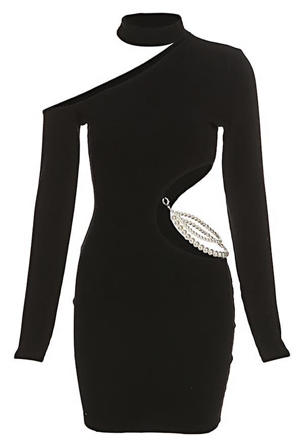 Women Gothic Grunge Nightclub Bodycon Dress Black Cutout High Waist Pearl Chain Decorated Slim Spring Dress Women Gothic Grunge Nightclub Bodycon Dress Black Cutout High Waist Pearl Chain Decorated Slim Spring Dress