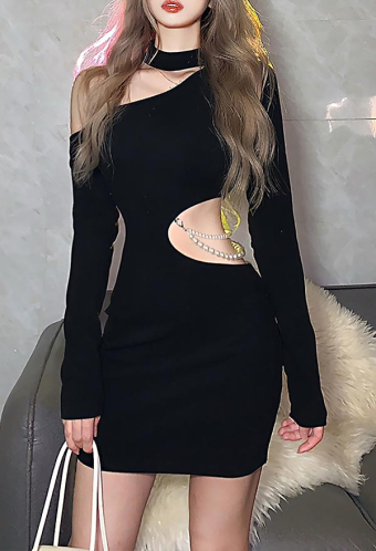 Women Gothic Grunge Nightclub Bodycon Dress Black Cutout High Waist Pearl Chain Decorated Slim Spring Dress