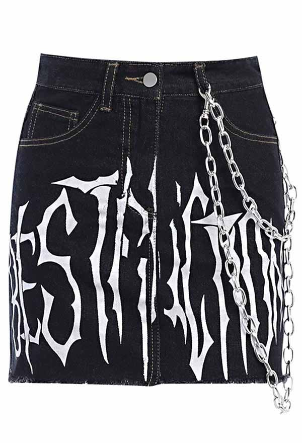 Gothic Cyberpunk Letter Print Denim Mini Skirt Black Chain Decorated Fray Hem Ripped A-Line Skirt