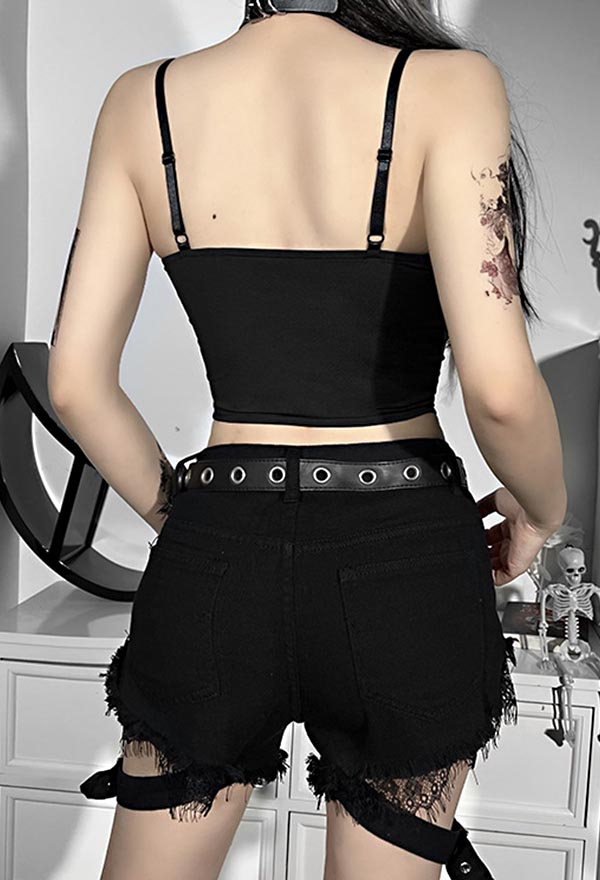 Women Gothic Vintage Vampire Lace Camisole Black Red V Neck Eyelet Lace-Up Navel Cami Top