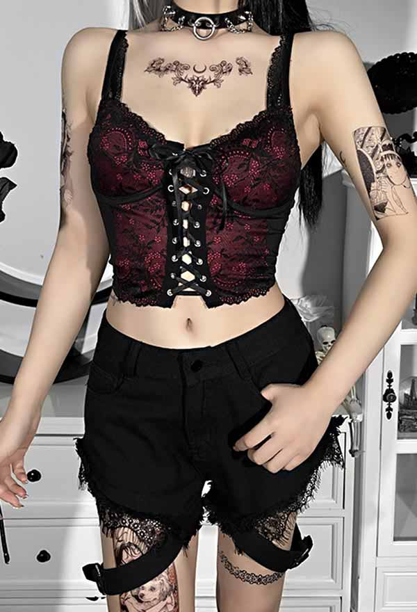 Women Gothic Vintage Vampire Lace Camisole Black Red V Neck Eyelet Lace-Up Navel Cami Top