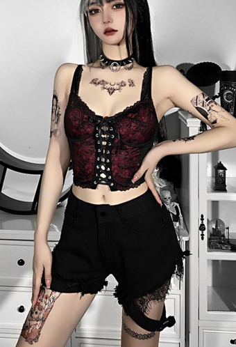 Women Gothic Vintage Vampire Lace Camisole Black Red V Neck Eyelet Lace-Up Navel Cami Top