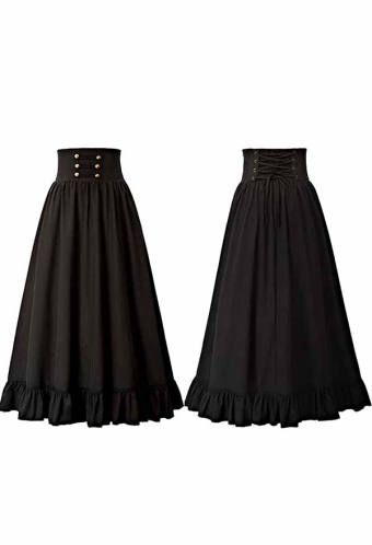 Women Fashion Gothic Victorian Retro Prom Midi Skirt Lace-Up Ruffle Hem A-Line Halloween Skirt