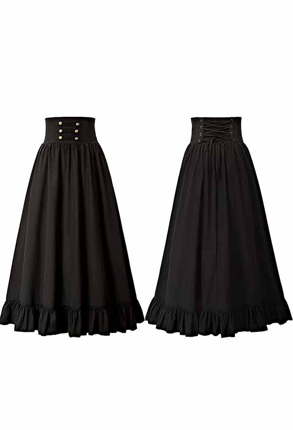 Women Fashion Gothic Victorian Retro Prom Midi Skirt Lace-Up Ruffle Hem A-Line Halloween Skirt Women Fashion Gothic Victorian Retro Prom Midi Skirt Lace-Up Ruffle Hem A-Line Halloween Skirt