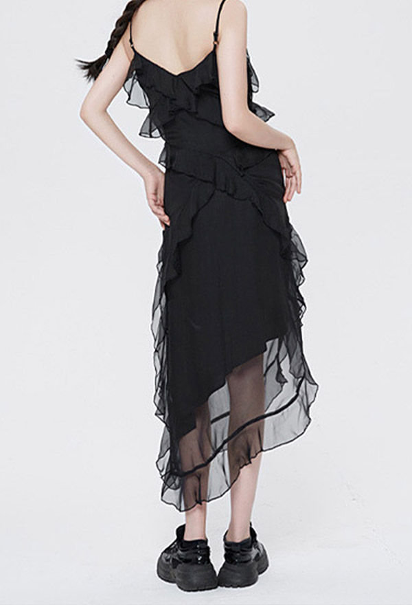 Women Grunge Style Black Flounce Layered Sling Dress
