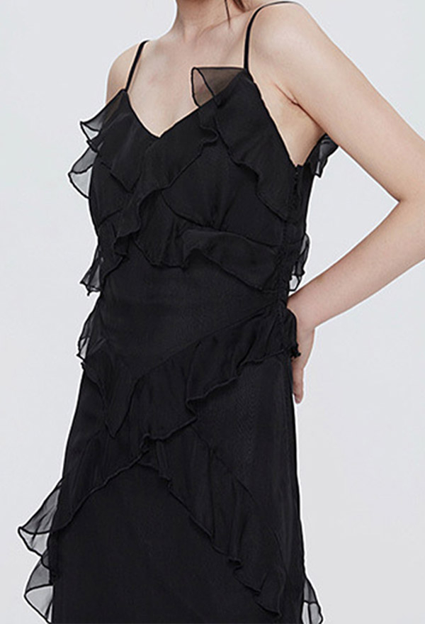 Women Grunge Style Black Flounce Layered Sling Dress