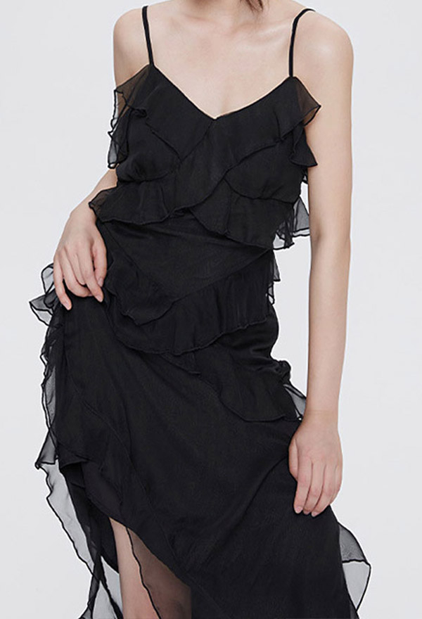 Women Grunge Style Black Flounce Layered Sling Dress