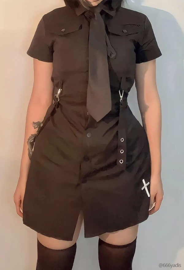 Women Gothic Punk Black JK Uniform Cross Embroidery Shirt Dress