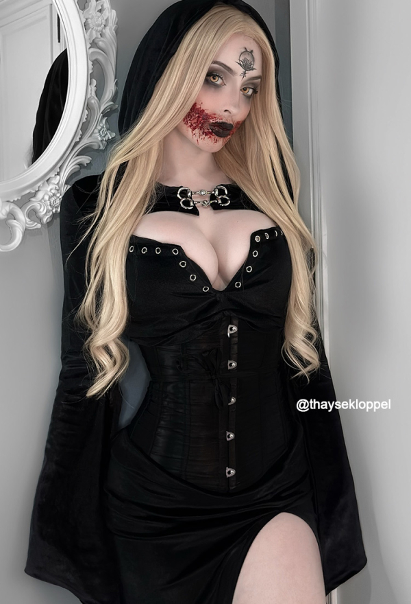 Halloween Gothic Black Dress Vampire Hollow High-Slit Long Sling Dress with Shrug Halloween Gothic Black Dress Vampire Hollow High-Slit Long Sling Dress with Shrug