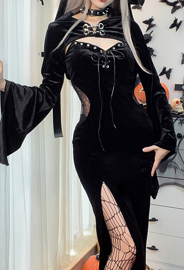 Halloween Gothic Black Dress Vampire Hollow High-Slit Long Sling Dress with Shrug Halloween Gothic Black Dress Vampire Hollow High-Slit Long Sling Dress with Shrug