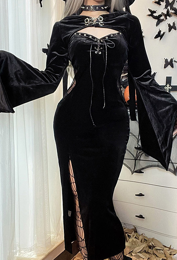 Halloween Gothic Black Dress Vampire Hollow High-Slit Long Sling Dress with Shrug Halloween Gothic Black Dress Vampire Hollow High-Slit Long Sling Dress with Shrug