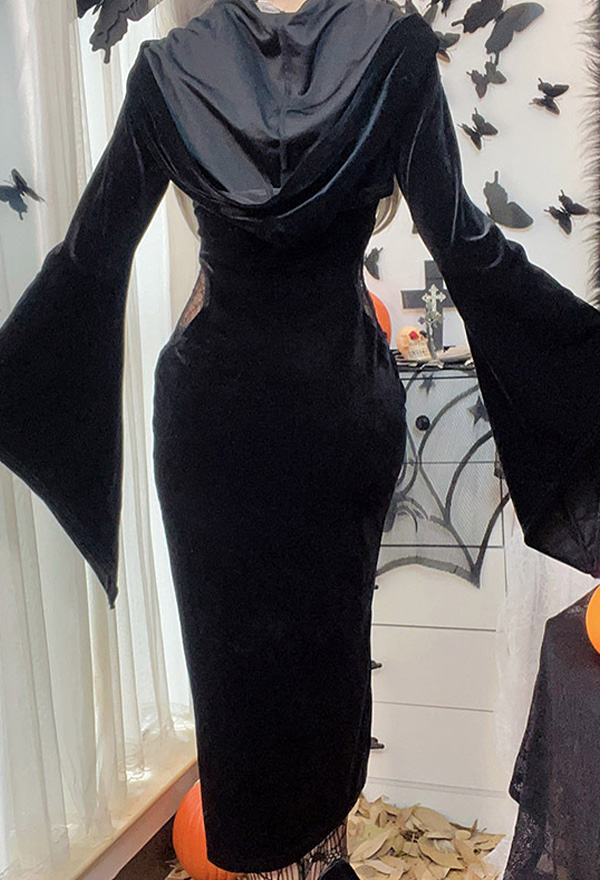 Halloween Gothic Black Dress Vampire Hollow High-Slit Long Sling Dress with Shrug Halloween Gothic Black Dress Vampire Hollow High-Slit Long Sling Dress with Shrug