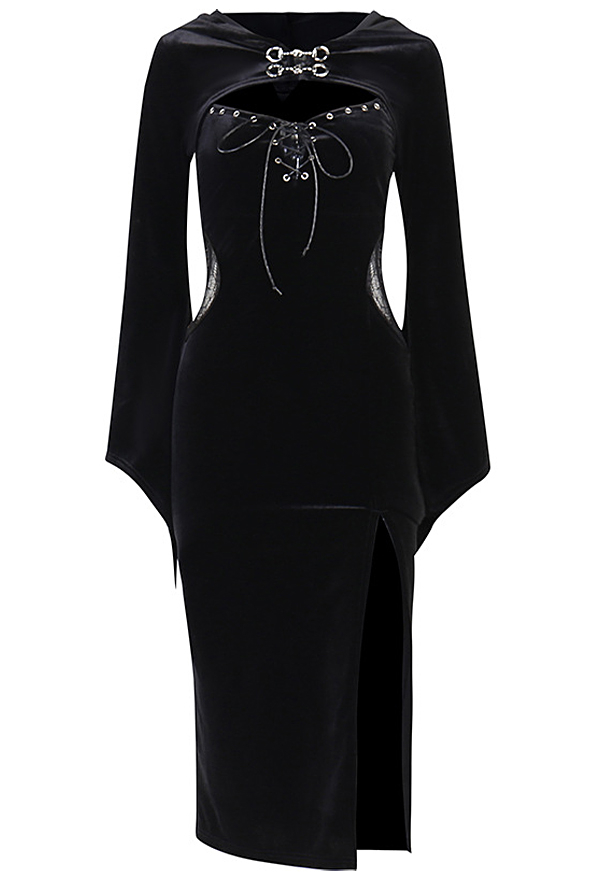 Halloween Gothic Black Dress Vampire Hollow High-Slit Long Sling Dress with Shrug Halloween Gothic Black Dress Vampire Hollow High-Slit Long Sling Dress with Shrug