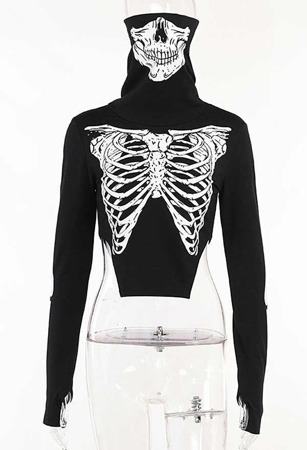 Halloween Women Gothic Black Skeleton Print High Collar Long Sleeves Crop Top