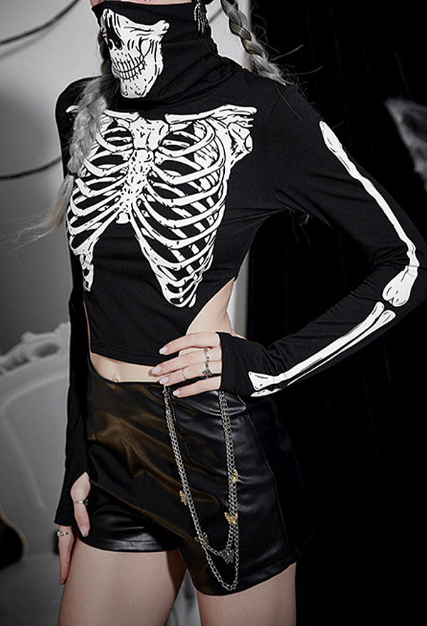 Halloween Women Gothic Black Skeleton Print High Collar Long Sleeves Crop Top