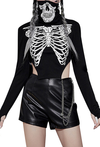 Halloween Women Gothic Black Skeleton Print High Collar Long Sleeves Crop Top