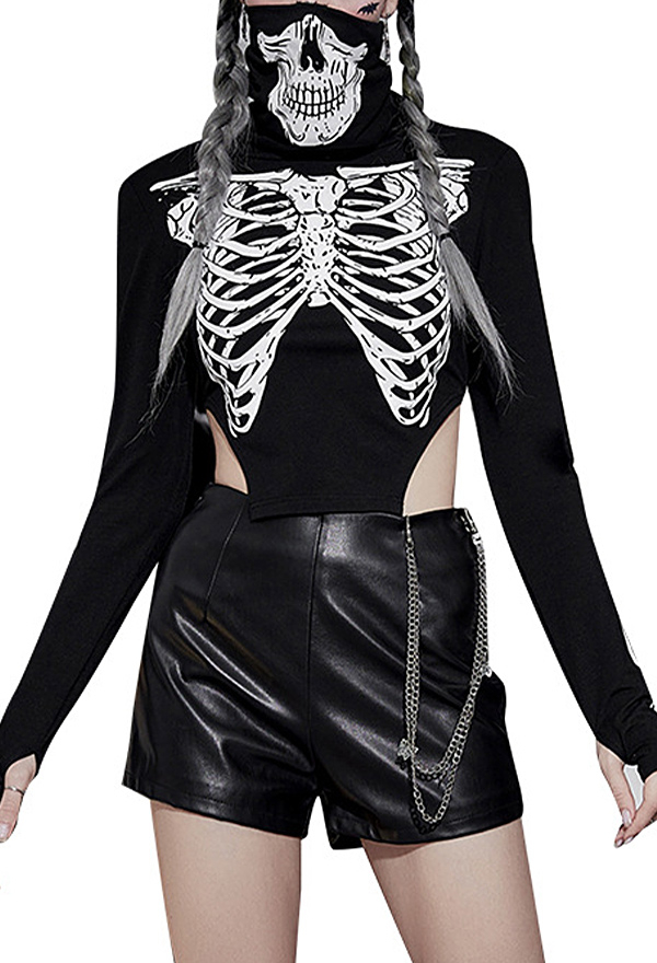Halloween Women Gothic Black Skeleton Print High Collar Long Sleeves Crop Top
