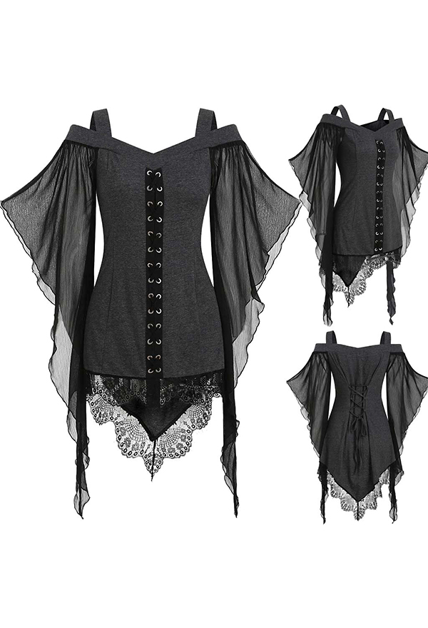 Women Vintage Gothic Vampire Cold-Shoulder Bat Sleeves Irregular Lace Hem Lace-up Top