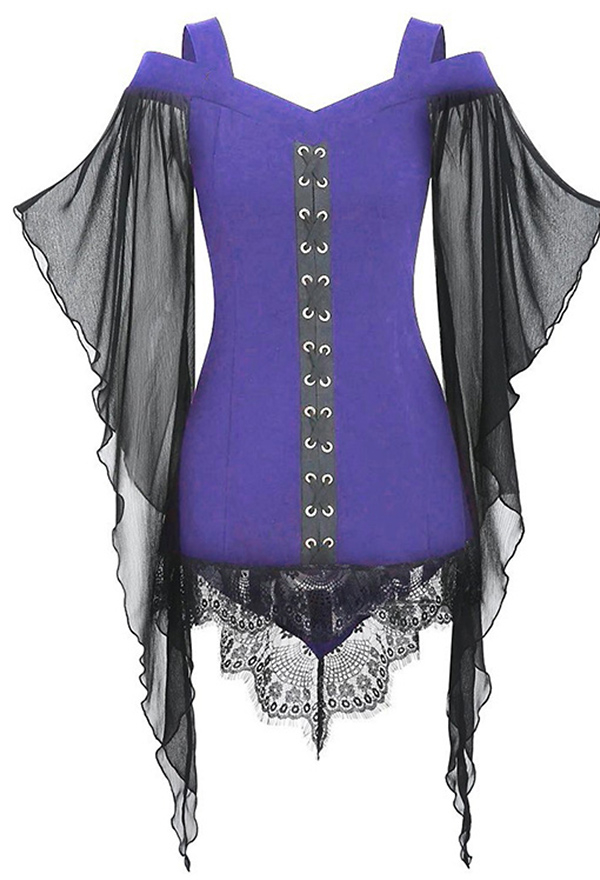 Women Vintage Gothic Vampire Cold-Shoulder Bat Sleeves Irregular Lace Hem Lace-up Top