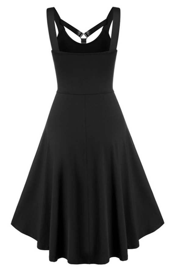 Women Vintage Gothic Vampire Skeleton Hand Print Belt Decorated Sleeveless Irregular Hem Dress