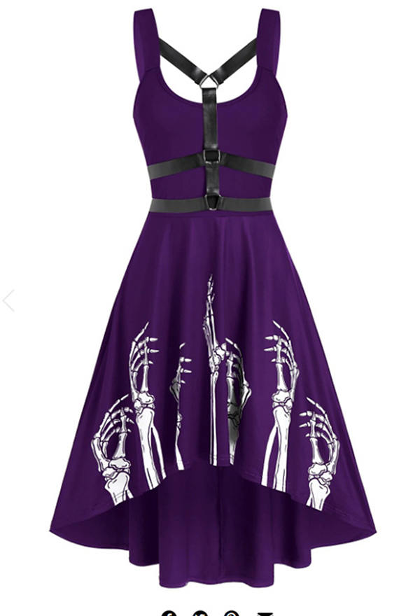 Women Vintage Gothic Vampire Skeleton Hand Print Belt Decorated Sleeveless Irregular Hem Dress