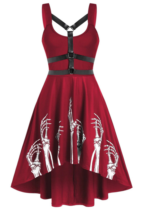 Women Vintage Gothic Vampire Skeleton Hand Print Belt Decorated Sleeveless Irregular Hem Dress