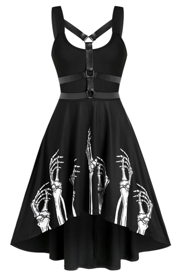 Women Vintage Gothic Vampire Skeleton Hand Print Belt Decorated Sleeveless Irregular Hem Dress