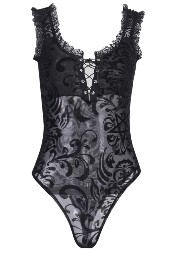 Women Gothic Black Mesh Sheer Floral Pattern Lace Hem Bodysuit Top