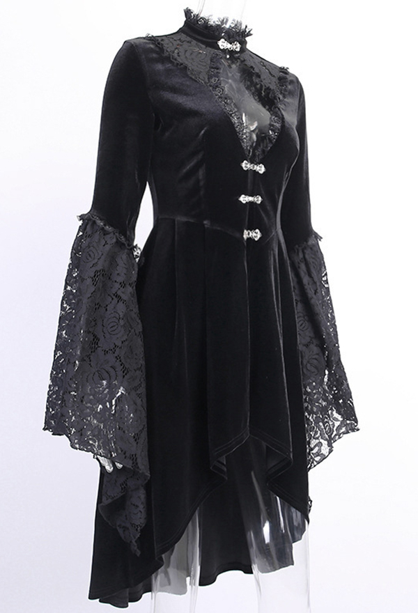 Women Gothic Vampire Vintage Black High Collar Cutout Trumpet Sleeve High-Waist High Low Dress