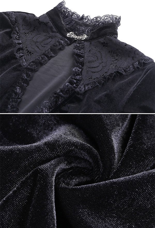 Women Gothic Vampire Vintage Black High Collar Cutout Trumpet Sleeve High-Waist High Low Dress