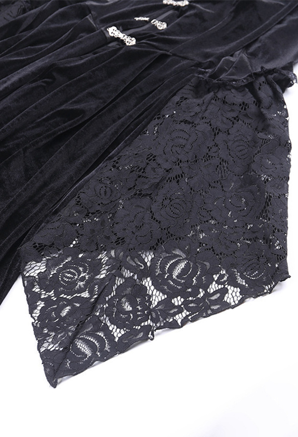 Women Gothic Vampire Vintage Black High Collar Cutout Trumpet Sleeve High-Waist High Low Dress