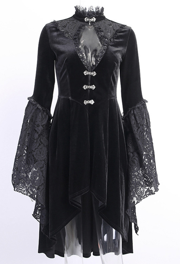 Women Gothic Vampire Vintage Black High Collar Cutout Trumpet Sleeve High-Waist High Low Dress