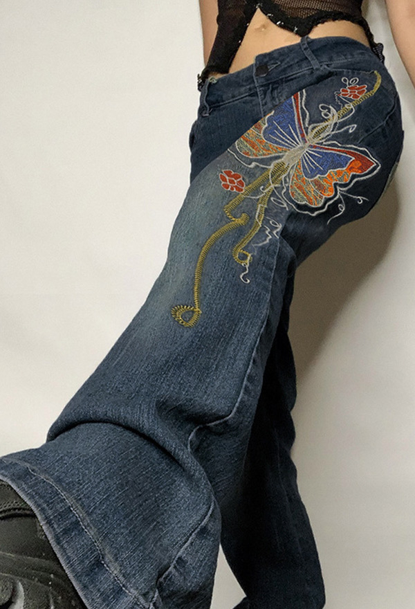 Grunge Women Y2K Vintage Hot Low-Waist Butterfly Embroidery Distressed Straight Leg Denim Jeans