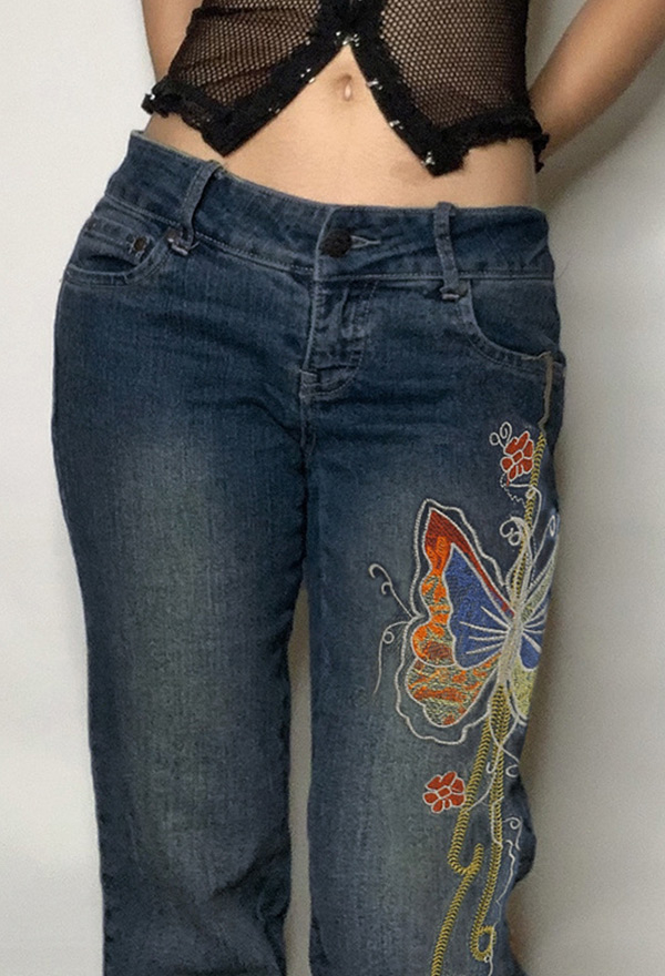 Grunge Women Y2K Vintage Hot Low-Waist Butterfly Embroidery Distressed Straight Leg Denim Jeans
