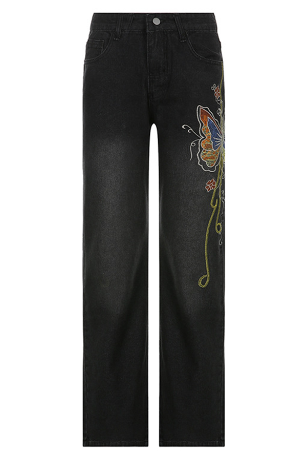 Grunge Women Y2K Vintage Hot Low-Waist Butterfly Embroidery Distressed Straight Leg Denim Jeans