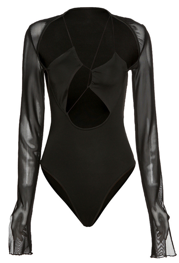 Women Gothic Sexy Black Halter Hollow Long Sheer Sleeves Irregular Front Bodysuit Top