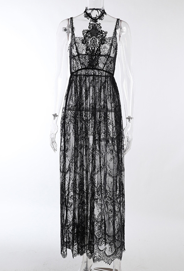 Women Gothic Sexy Black Halter Sheer Floral Pattern Long Slip Dress Women Gothic Sexy Black Halter Sheer Floral Pattern Long Slip Dress