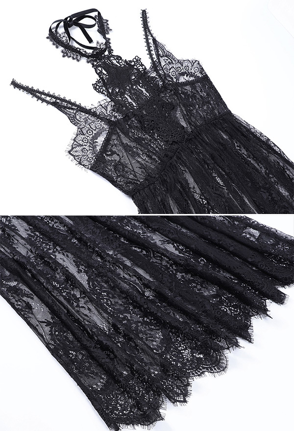 Women Gothic Sexy Black Halter Sheer Floral Pattern Long Slip Dress Women Gothic Sexy Black Halter Sheer Floral Pattern Long Slip Dress