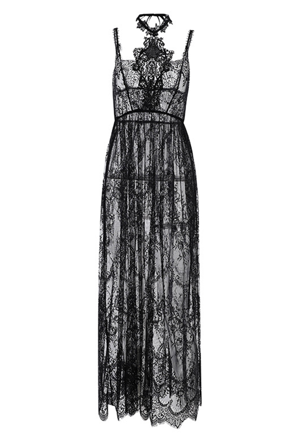 Women Gothic Sexy Black Halter Sheer Floral Pattern Long Slip Dress Women Gothic Sexy Black Halter Sheer Floral Pattern Long Slip Dress